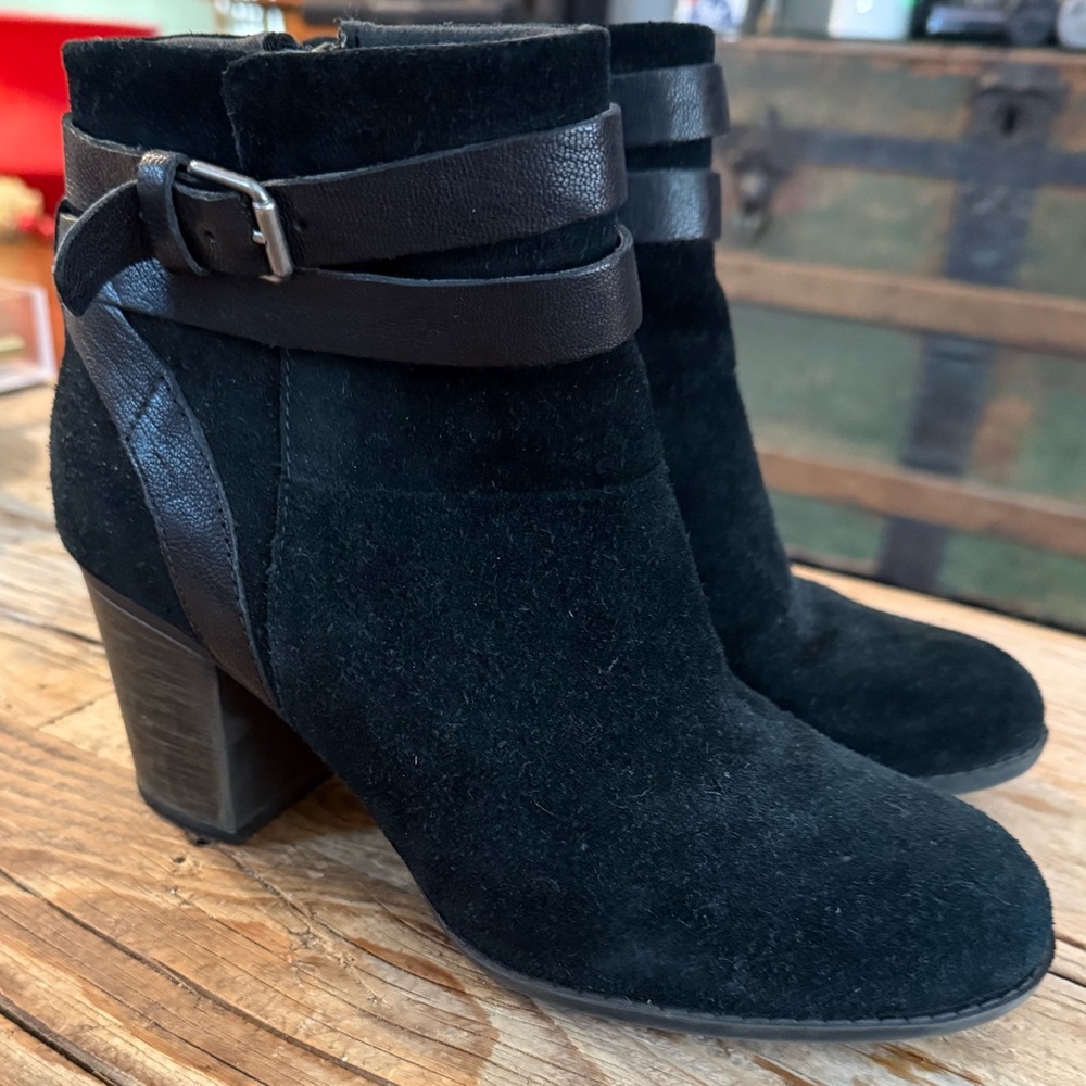 Clarks Black Suede Heeled Boots with Buckle
